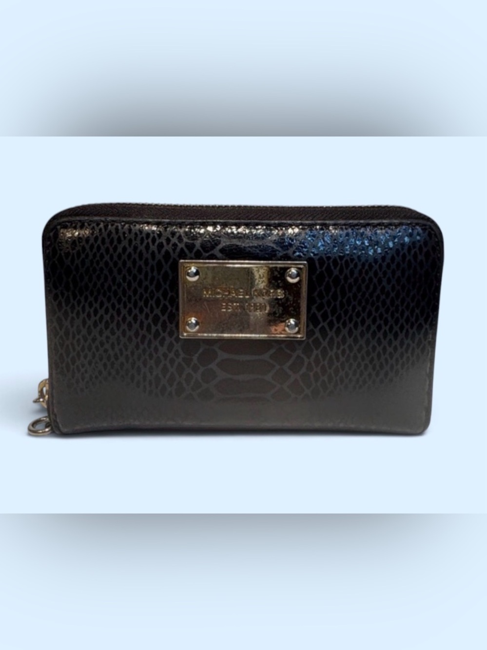 Michael Kors Black Patent Snake-Embossed Zip-Around Wallet with Gold Plaque